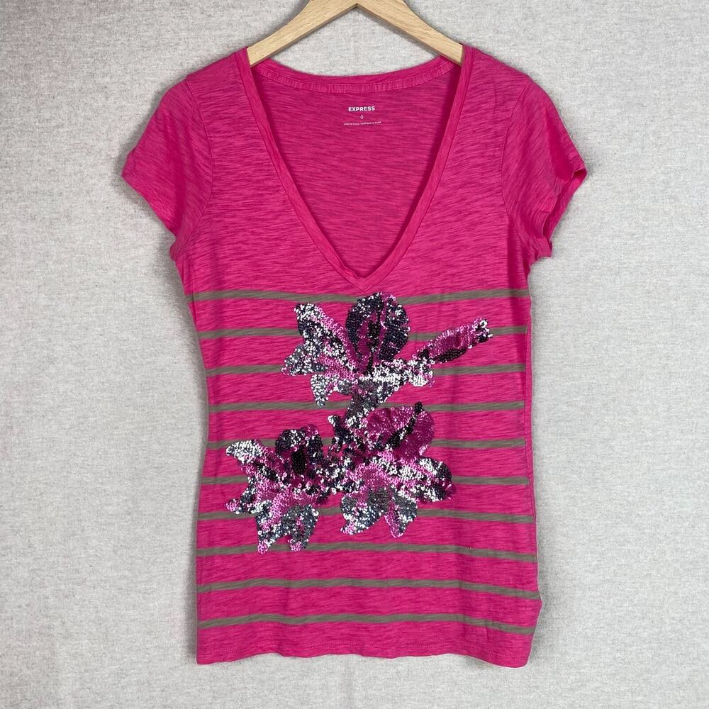 Vintage Y2K Express Womens Sequin Deep Vneck‎ Top Size Small Pink Striped Glam